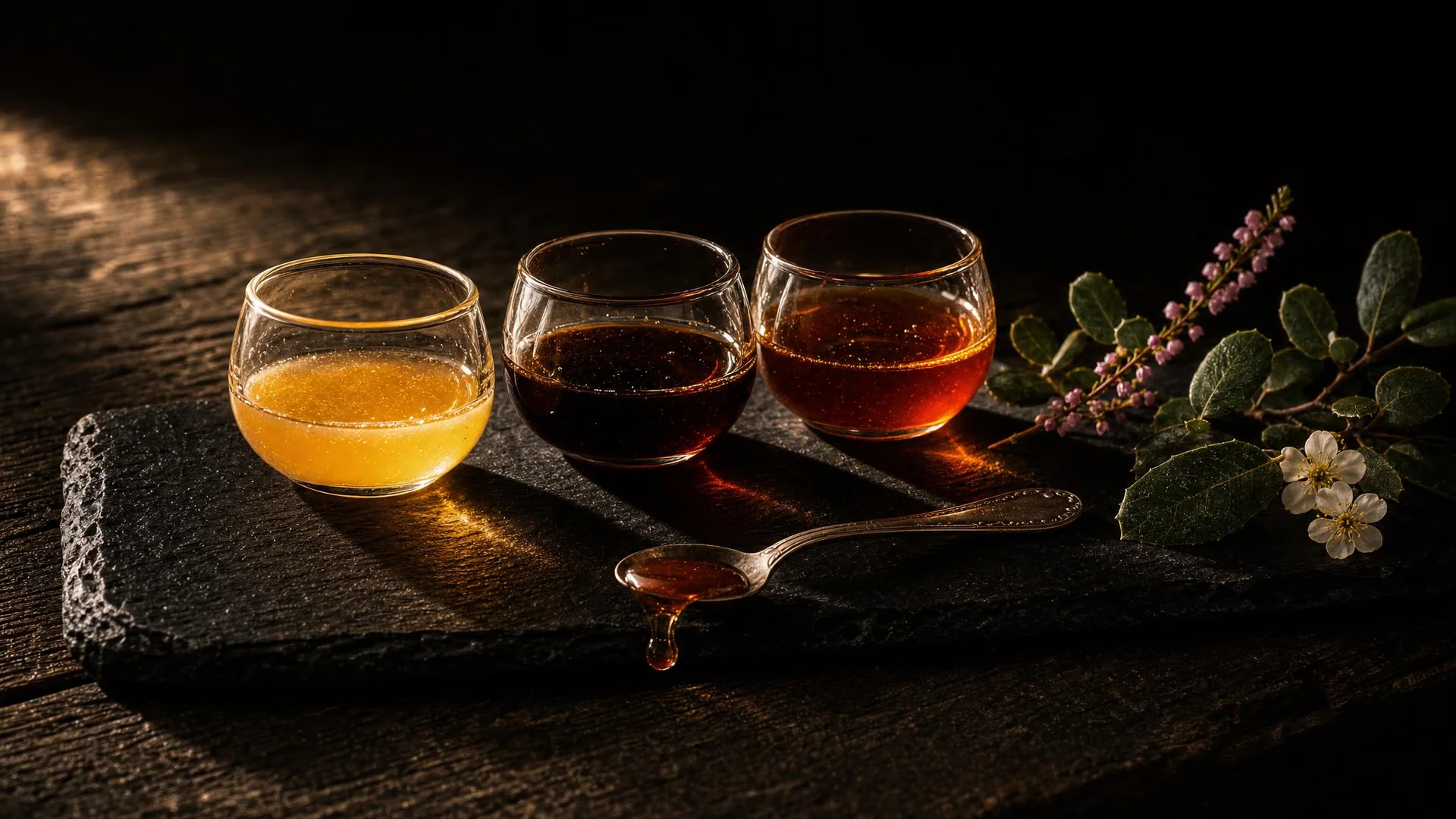 Cata de miel a contraluz: tres vasos de cristal con miel dorada clara, caoba casi negra y ámbar rojizo sobre pizarra, una cucharilla de plata con una gota de miel y ramas de brezo, encina y flor de zarza