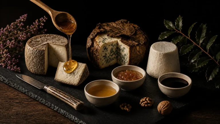 Tabla de quesos de Asturias y León sobre pizarra: Gamonéu, Valdeón envuelto en hojas y Afuega'l pitu, con tres cuencos de miel de flores, brezo y encina y un hilo de miel cayendo sobre una lasca de queso