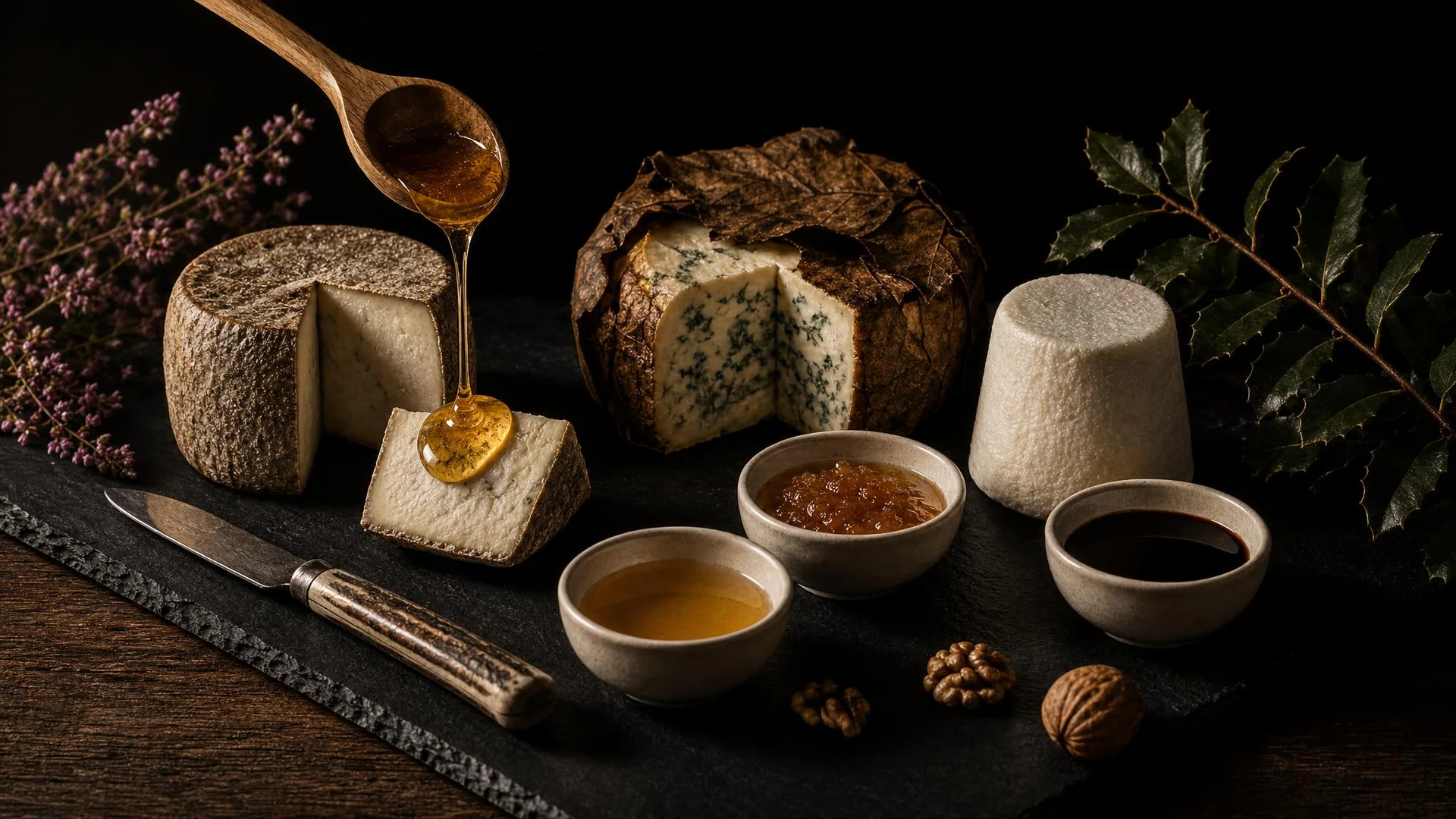 Tabla de quesos de Asturias y León sobre pizarra: Gamonéu, Valdeón envuelto en hojas y Afuega'l pitu, con tres cuencos de miel de flores, brezo y encina y un hilo de miel cayendo sobre una lasca de queso