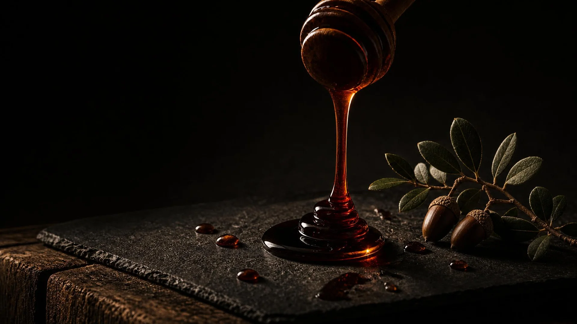 Hilo de miel oscura, casi negra, que cae de un cazo de madera sobre una losa de pizarra, con gotas de miel como piedras preciosas, una ramita de encina y dos bellotas